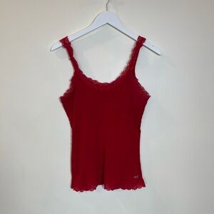 Hollister Y2K Tank Top Red Ribbed Womens Large Floral Lace Trim Stretch